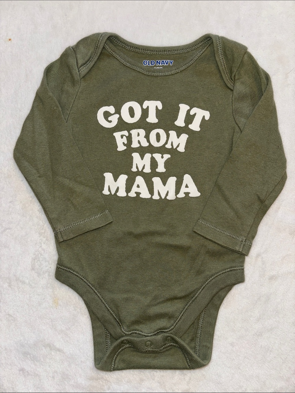 (2 for $10) Old Navy Olive Green Baby One-Piece "Got It From My Mama" Graphic